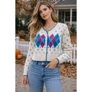 Michelle Stuart Medium Cardigan Womens White Argyle Excellent Hand Knit Ramie